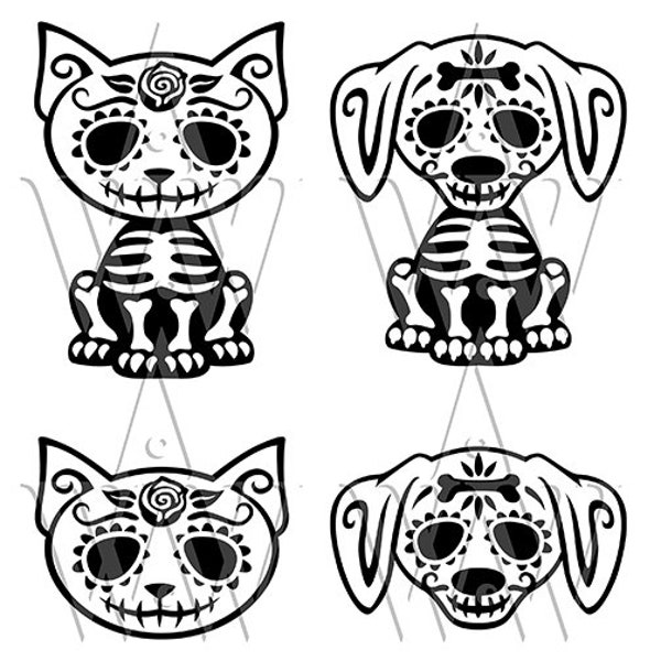 Cat and Dog Sugar Skull SVG Halloween Dxf Day of the Dead Png Dia de los SkeletonMuertos Cut File Skull Clip Art Scrapbooking