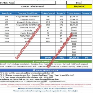 May include: A financial investment tracker spreadsheet with a table detailing asset types, company names, ticker symbols, target percentages, and amounts. Includes a quote about investing and instructions.