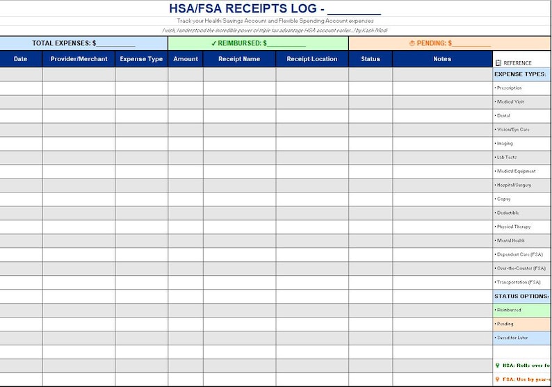 HSA FSA Receipt Tracker | Printable Medical Expense Log (fill-in PDF ...