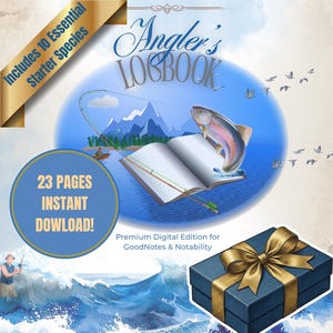 May include: Digital Angler's Logbook with a blue and white design. The cover features an illustration of a fish jumping out of the water, a fishing rod, and the text "Angler's Logbook". Includes 10 essential starter species and 23 pages. A blue gift box with a gold ribbon is also shown.