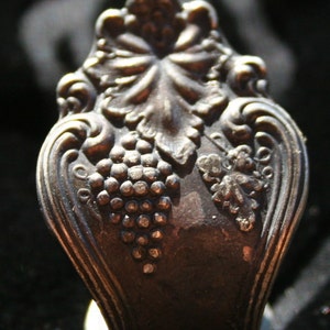 Puede incluir: Una cuchara de plata vintage con un diseño ornamentado con uvas y hojas. La cuchara está deslustrada y tiene un aspecto rústico.