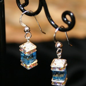 Handmade Swarovski Crystal Cube Aqua Blue Earrings March Birthstone Spring Fashion Great Gift Idea