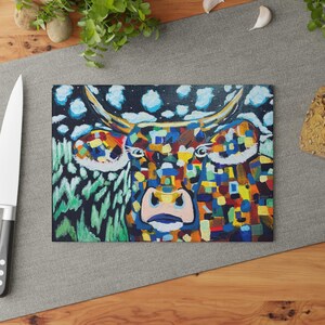 Colorful Patchwork Highland Cow Glass Cutting Board | Kitchen Art