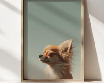 Lámina decorativa de Chihuahua para pared / Retrato minimalista de mascota, obra de arte de Chihuahua de pelo largo, decoración moderna para el hogar.