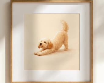 Póster minimalista de mascota: Dibujo de perro estirándose / Postura de yoga para cachorro Goldendoodle