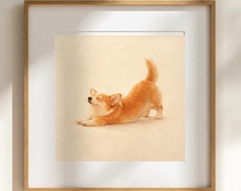 Lámina artística de perro Corgi estirándose / Postura de yoga minimalista para cachorros, póster de mascota tranquila