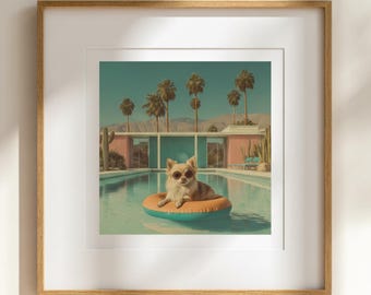 Lámina artística moderna de mediados de siglo junto a la piscina de Chihuahua / Póster retro del desierto de California