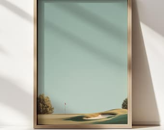Lámina minimalista de campo de golf / Paisaje desértico en verde salvia, decoración moderna de mediados de siglo.
