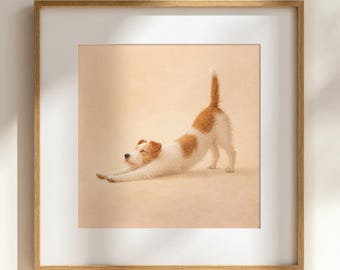 Lámina artística de Fox Terrier de pelo duro / Perro inspirado en Tintín Milú, pose de yoga minimalista