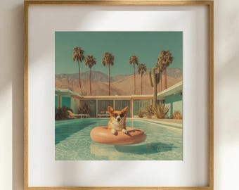 Lámina artística moderna de mediados de siglo con un Corgi junto a la piscina / Póster retro de verano en el desierto de California