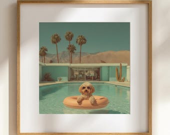 Lámina artística moderna de mediados de siglo con un Cavapoo junto a la piscina / Póster retro de verano en el desierto de California