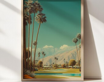 Lámina artística de golf de Palm Springs / Paisaje desértico de mediados de siglo, póster de viaje de California