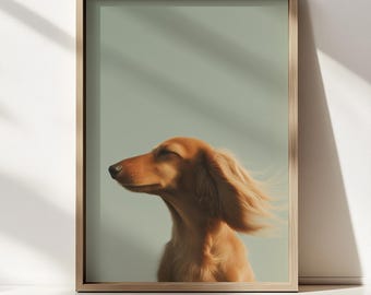 Lámina decorativa de perro salchicha / Retrato minimalista de mascota, obra de arte de perro salchicha de pelo largo, decoración moderna para el hogar.