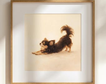Póster de Chihuahua estirándose para pared / Postura de yoga minimalista para perros, mascota tranquila
