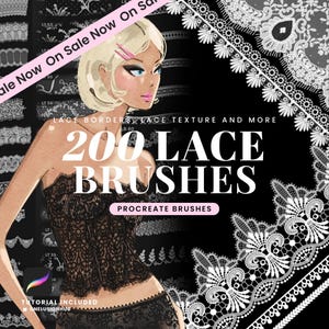 Może przedstawiać: Grafika cyfrowa przedstawiająca ilustrację osoby w czarnym gorsecie z koronki, z nałożonym tekstem 200 LACE BRUSHES, LACE BORDERS, LACE TEXTURE AND MORE, PROCREATE BRUSHES oraz TUTORIAL INCLUDED na czarnym tle z białymi wzorami koronkowymi.
