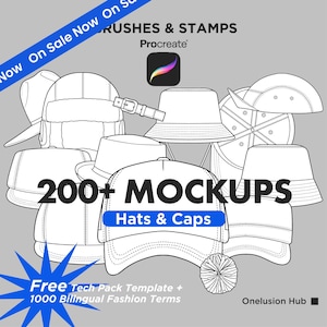 May include: A digital collection of 200+ hat and cap mockups for Procreate, featuring various headwear outlines including bucket hats, baseball caps, and beanies. The image includes text reading Brushes & Stamps, 200+ Mockups, Hats & Caps, and Onelusion Hub.