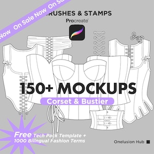 May include: A digital collection of 150+ corset and bustier mockups for Procreate, featuring various line-art designs with lacing, buckles, and straps. The image includes text labels such as Brushes & Stamps, 150+ Mockups, and Onelusion Hub.