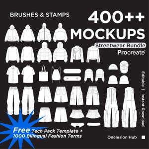 Más de 400 pinceles para maquetas de ropa urbana en Procreate, plantilla de paquete técnico de diseño de moda, marca de ropa, maqueta de prendas de vestir en formato PNG.