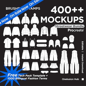 400+ Streetwear Clothing Mockup Brushes Procreate, Fashion Design Techpack Template, Clothing Brand, Apparel Mockup PNG
