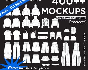 Plus de 400 pinceaux pour maquette de vêtements streetwear Procreate, modèle Techpack de design de mode, marque de vêtements, maquette de vêtements PNG