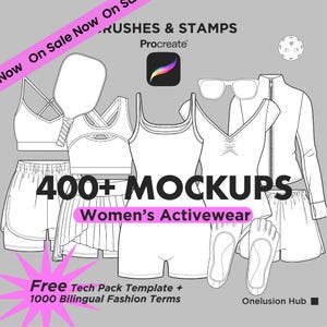 May include: A digital collection of activewear mockups featuring line art illustrations of sports bras, shorts, a tank top, a zip-up jacket, sunglasses, a pickleball paddle, and a ball. Text includes BRUSHES & STAMPS, Procreate, 400+ MOCKUPS, and Onelusion Hub.