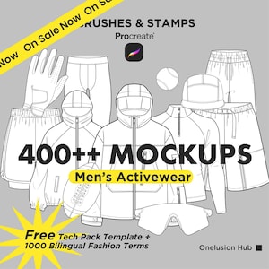 Oltre 400 pennelli mockup per abbigliamento sportivo per Procreate, modelli di abbigliamento sportivo e streetwear da uomo, mockup di abbigliamento fitness, pacchetto tecnico PNG