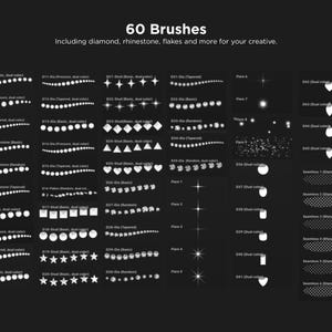 Peut inclure: Une collection num&eacute;rique de 60 pinceaux sur fond noir, pr&eacute;sentant divers motifs graphiques blancs incluant des diamants, des strass et des flocons. Le texte indique 60 Brushes, Including diamond, rhinestone, flakes and more for your creative.