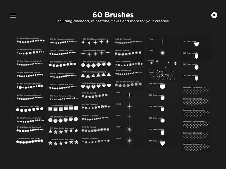 Peut inclure: Une collection num&eacute;rique de 60 pinceaux sur fond noir, pr&eacute;sentant divers motifs graphiques blancs incluant des diamants, des strass et des flocons. Le texte indique 60 Brushes, Including diamond, rhinestone, flakes and more for your creative.