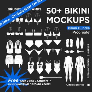 May include: A collection of white bikini mockups, including tops, bottoms, and one-piece swimsuits, displayed on a dark background. The image also features surfboards, goggles, and a wetsuit. Text includes "50+ BIKINI MOCKUPS" and "Free Tech Pack Template + 1000 Bilingual Fashion Terms."