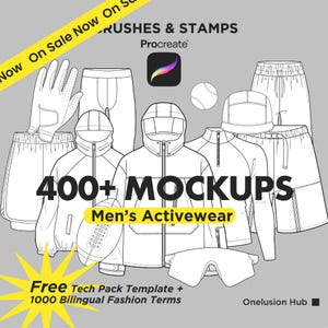 May include: A digital collection of activewear mockups featuring line art illustrations of jackets, shorts, a glove, a cap, a football, and sunglasses. The text reads BRUSHES & STAMPS Procreate, 400+ MOCKUPS, Men's Activewear, and Free Tech Pack Template.