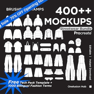 400+ Streetwear-kläder Mockup-penslar Procreate, modedesign Techpack-mall, klädmärke, klädmockup PNG