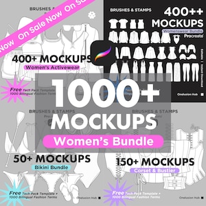 May include: A digital collection of 1000+ fashion mockups for Procreate, featuring various clothing categories including activewear, bikinis, and corsets. The image displays line art sketches of garments with text labels indicating bundle sizes and the Procreate app icon.