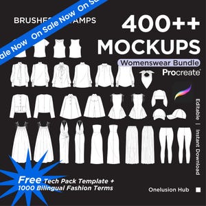 May include: A digital collection of 400++ mockups for Procreate featuring white line art illustrations of various clothing items including shirts, dresses, skirts, pants, and hats on a black background with text overlays.