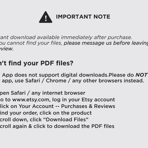 Peut inclure: Un graphique informatif avec une ic&ocirc;ne de triangle d'avertissement noir et le texte IMPORTANT NOTE. Il fournit des instructions pour acc&eacute;der aux t&eacute;l&eacute;chargements num&eacute;riques, indiquant que l'application Etsy ne les prend pas en charge.