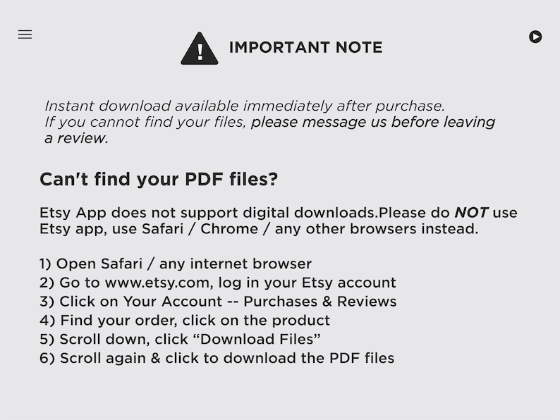 Peut inclure: Un graphique informatif avec une ic&ocirc;ne de triangle d'avertissement noir et le texte IMPORTANT NOTE. Il fournit des instructions pour acc&eacute;der aux t&eacute;l&eacute;chargements num&eacute;riques, indiquant que l'application Etsy ne les prend pas en charge.