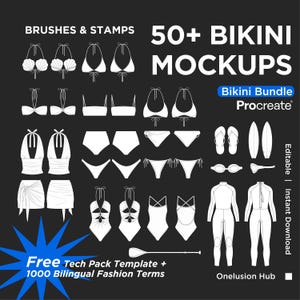 Más de 50 pinceles para maquetas de trajes de baño de mujer en Procreate, plantilla Techpack, marca de ropa, diseño de moda, marca femenina para niña, Procreate PNG