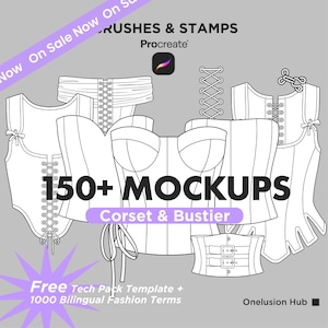 Puede incluir: Una colección digital de más de 150 maquetas de corsés y bustiers para Procreate, con varios diseños de arte lineal en blanco y negro de corpiños con cordones, cinturillas y tops, incluyendo una plantilla técnica gratuita.