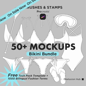 Más de 50 pinceles para maquetas de trajes de baño de mujer en Procreate, plantilla Techpack, marca de ropa, diseño de moda, marca femenina para niña, Procreate PNG