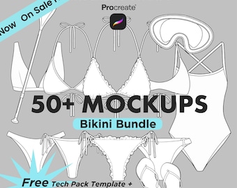 Plus de 50 pinceaux de maquette de maillot de bain bikini pour femme Procreate, modèle Techpack, marque de vêtements, design de mode marque femme fille Procreate PNG