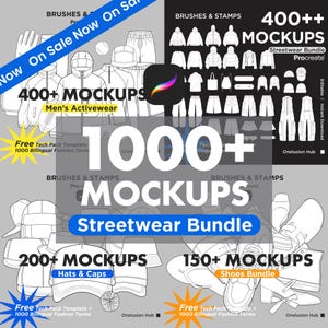 May include: A digital collection of 1000+ fashion design mockups, brushes, and stamps for Procreate. The bundle includes streetwear, activewear, hats, caps, and shoes, featuring line art illustrations and technical templates for apparel design.