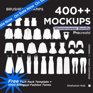 May include: A digital collection of 400++ clothing mockups for Procreate, featuring white line-art illustrations of various tops, dresses, skirts, trousers, and headwear on a black background, labelled as a Womenswear Bundle with a free tech pack.