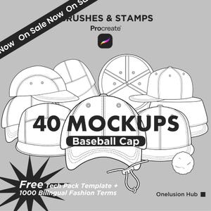 May include: A digital collection of 40 baseball cap mockups featuring various line art styles, including five-panel and six-panel designs. The graphic includes the text Brushes & Stamps Procreate, 40 Mockups Baseball Cap, and Free Tech Pack Template.