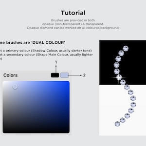 Peut inclure: Un graphique de tutoriel num&eacute;rique expliquant les pinceaux bicolores. Il pr&eacute;sente une bo&icirc;te de s&eacute;lection de couleurs avec un d&eacute;grad&eacute; bleu, un carr&eacute; de couleur primaire noir &eacute;tiquet&eacute; 1 et un carr&eacute; de couleur secondaire bleu clair &eacute;tiquet&eacute; 2, avec une cha&icirc;ne de diamants en forme de S.