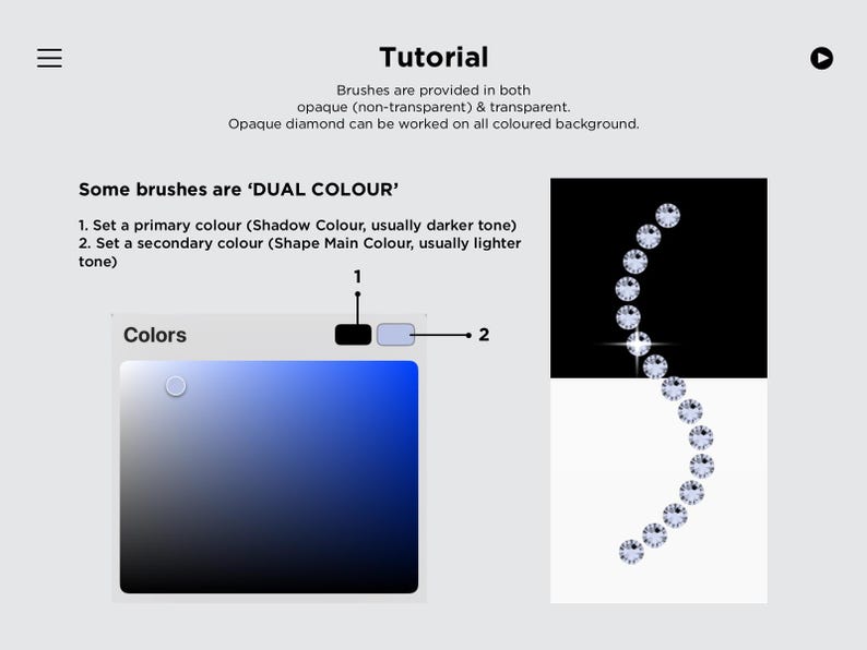 Peut inclure: Un graphique de tutoriel num&eacute;rique expliquant les pinceaux bicolores. Il pr&eacute;sente une bo&icirc;te de s&eacute;lection de couleurs avec un d&eacute;grad&eacute; bleu, un carr&eacute; de couleur primaire noir &eacute;tiquet&eacute; 1 et un carr&eacute; de couleur secondaire bleu clair &eacute;tiquet&eacute; 2, avec une cha&icirc;ne de diamants en forme de S.