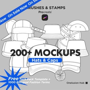 May include: A digital collection of 200+ hat and cap mockups for Procreate, featuring various line art styles including bucket hats, baseball caps, and beanies. The graphic includes the text Brushes & Stamps, 200+ Mockups, and Onelusion Hub.