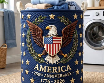 250th Anniversary USA Quilt Laundry Basket, America 250 Years Laundry Basket, 1776–2026 Patriotic Home Decor, Fourth Of July Clothes Hamper