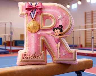 Personalized Gymnastic Girl Letter Shape Pillow, Custom Name Gymnastic Gold Medal Plush Pillow, Gym Champion Lovely Pillow, Gift For Her