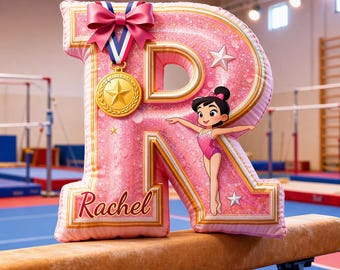Personalized Gymnastic Girl Letter Shape Pillow, Custom Name Gymnastic Gold Medal Plush Pillow, Gym Champion Lovely Pillow, Gift For Her