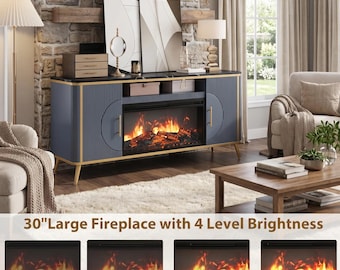 Fluted Navy Blue Fireplace TV Stand for 80 Inch TVs, Modern Media Console with 30" Electric Fireplace and Adjustable Shelving