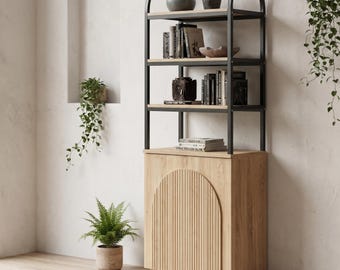 Modern Arched Bookcase with Doors, 71” Tall 7-Tier Bookshelf, Reeded Cabinet Storage, Adjustable Shelves, Wood